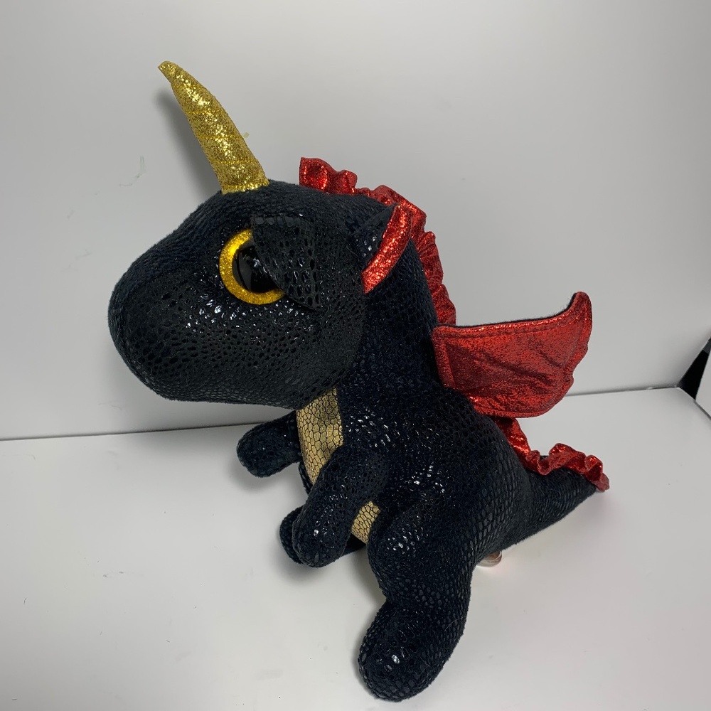 Ty Beanie Boos Grindal Dragon Plush Black Red Wings Gold Horn 12.5" Stuffed Anim